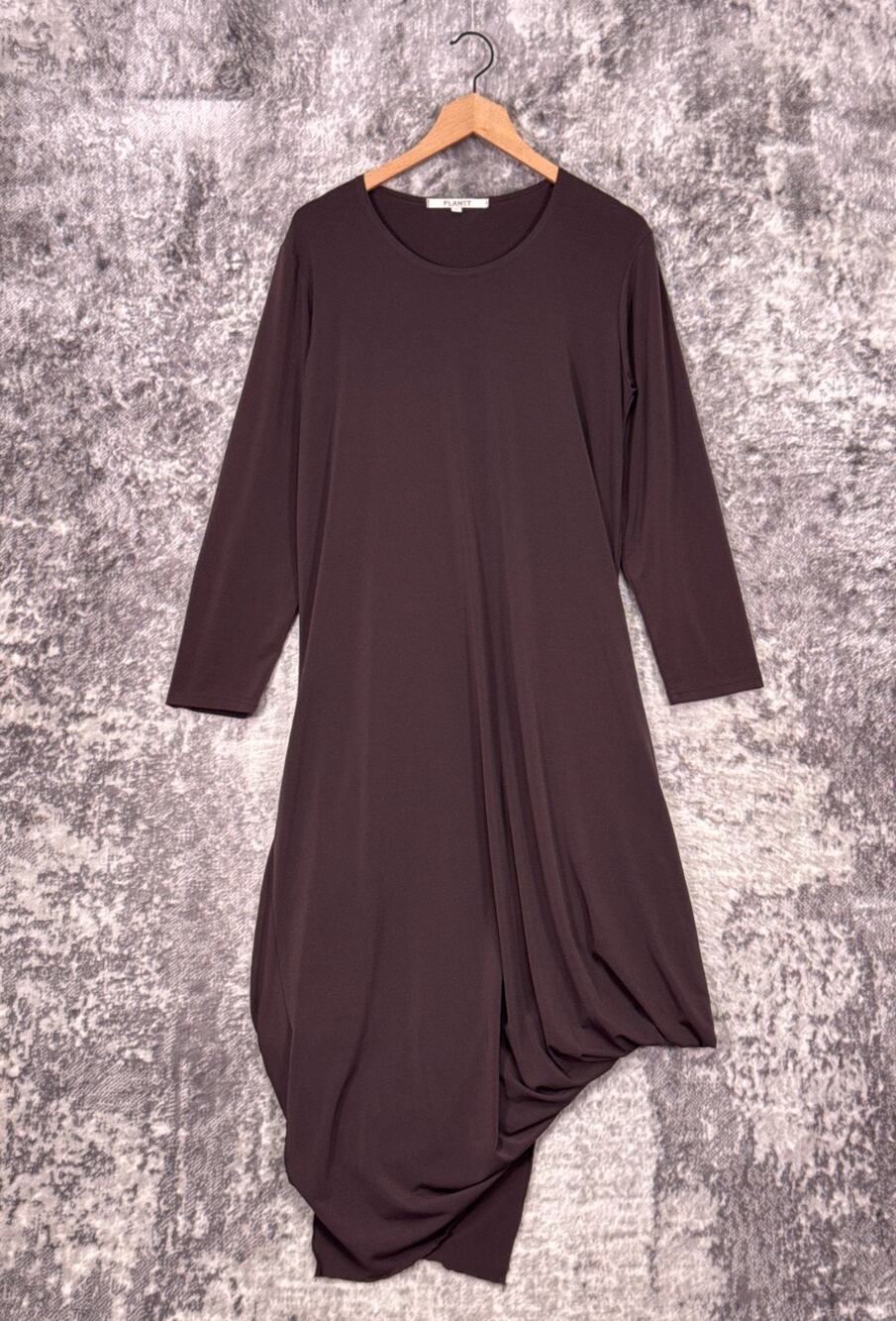 Planet Lauren G Dress 1 / Small Womens Brown Jersey Stretch Asymmetrical Midi